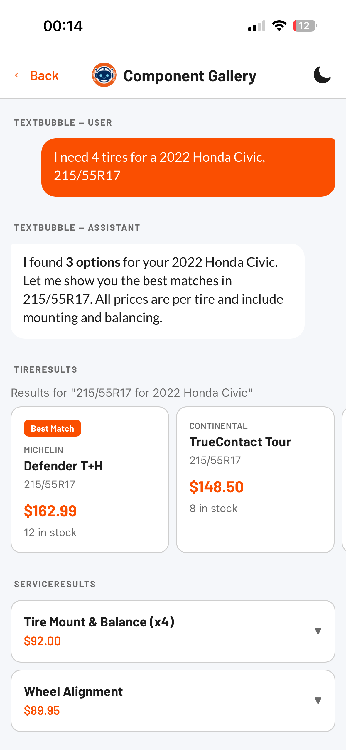 Tire search results showing pricing and availability