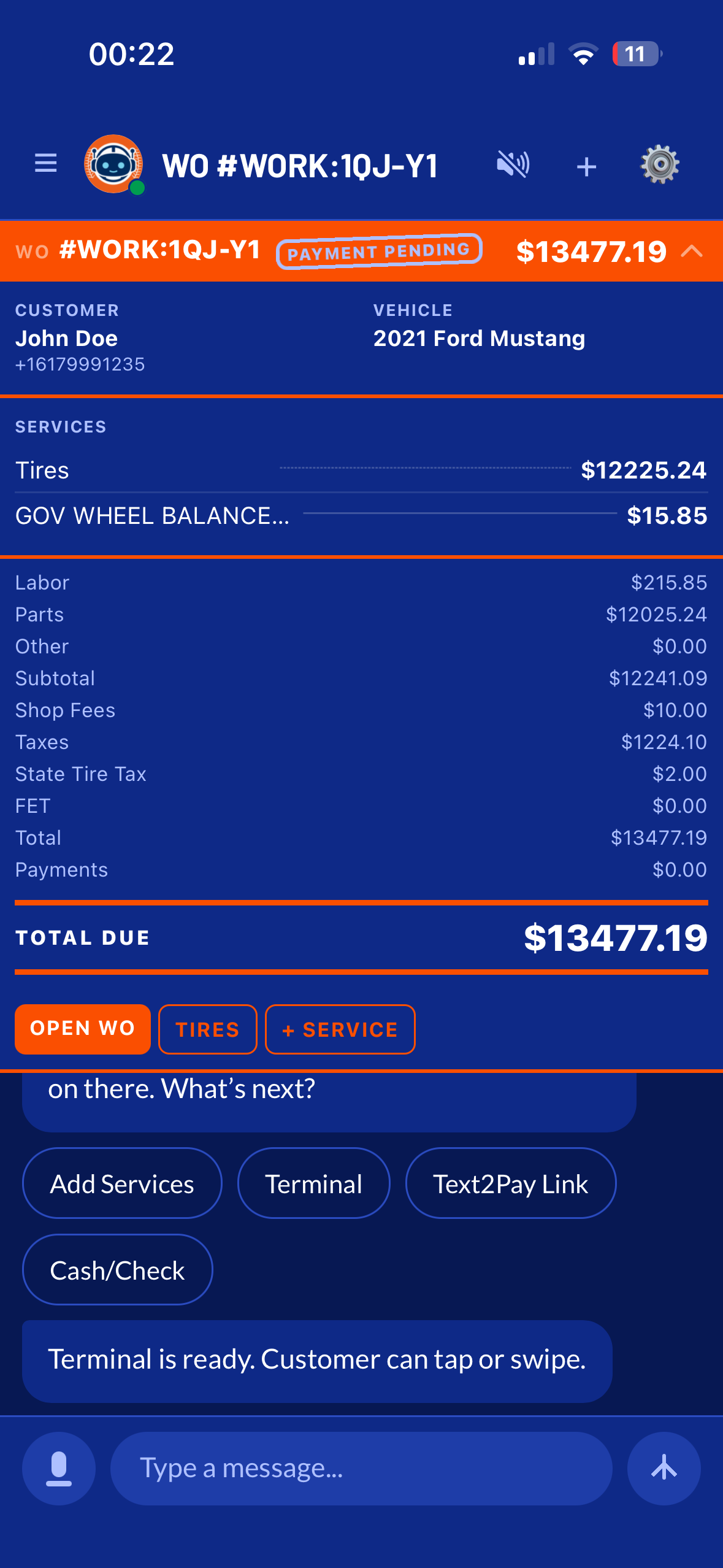 Work order summary with payment actions